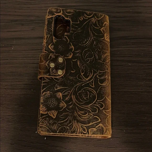 Vintage Floral Embossed Brown Leather Phone Wallet Case - Picture 2 of 3